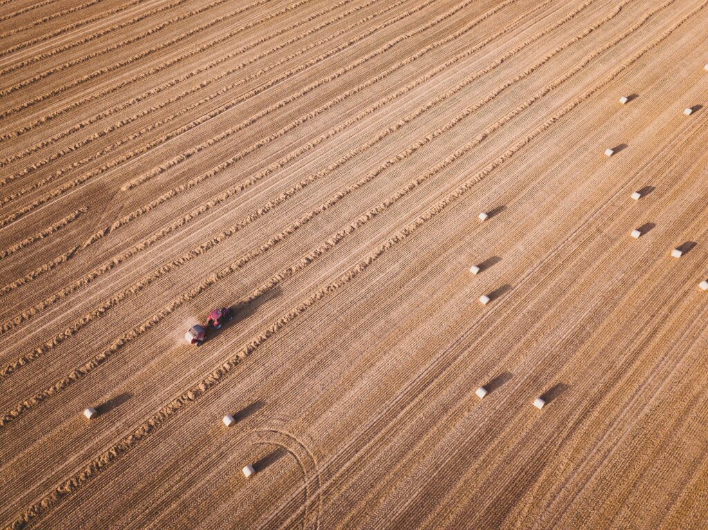Aerial view of a harvested field with evenly spaced rows of hay and multiple small square bales, with a tractor working in the center.